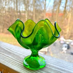 Vintage green glass candy dish ruffled edge